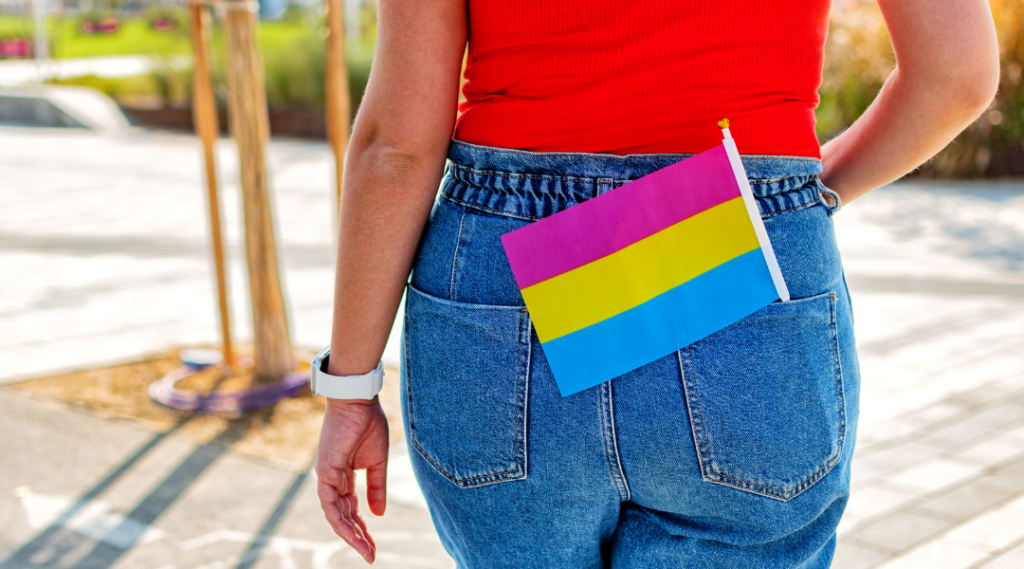 Pessoa de costas com uma pequena bandeira do orgulho pansexual presa no bolso de trás da calça jean.